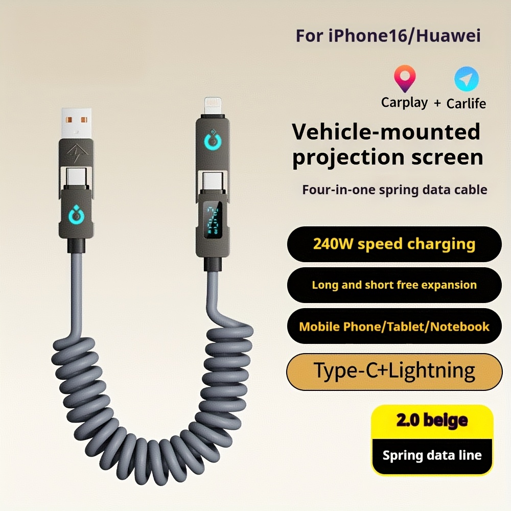 Gxlhr 240w Max With Digital Display, Universal 4-in-1 Charging Data Cable, Multifunctional Super Fast Charging Spring Retractable Line, Suitable For Iphone, Huawei And Models