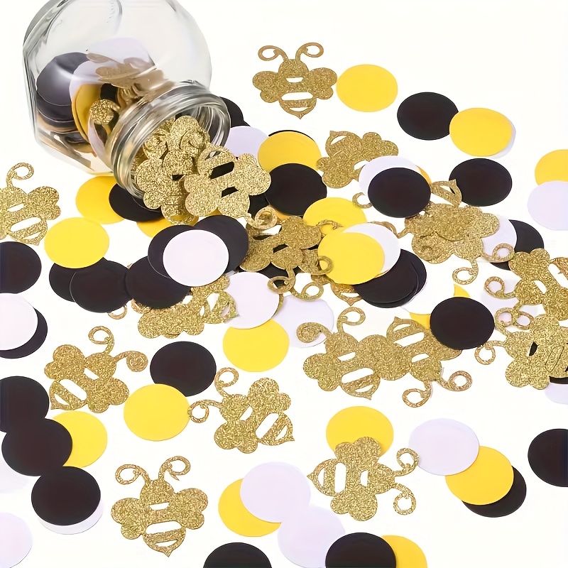 Image of 120pcs Of Colorful Confetti With A Bee Theme, Featuring Golden Sparkles, Yellow And Black Polka Dots, Hexagonal Honeycomb Shapes, Perfect For Bee-themed Party Favors And Birthday Table Decorations