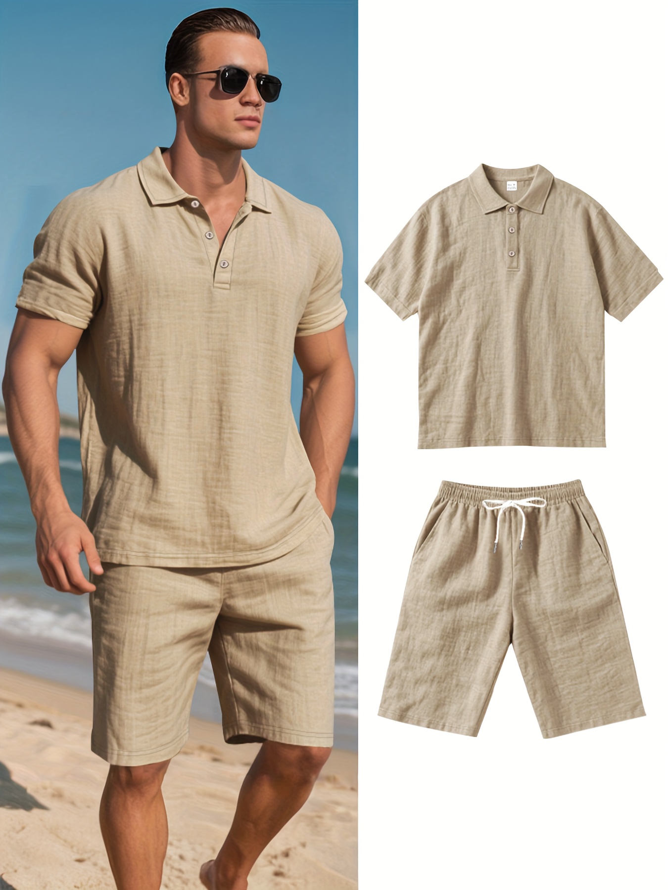 Men's Linen Short Sleeve Shorts Set, Summer Outdoor Sports Casual Breathable Short Sleeve Shirt with Shorts