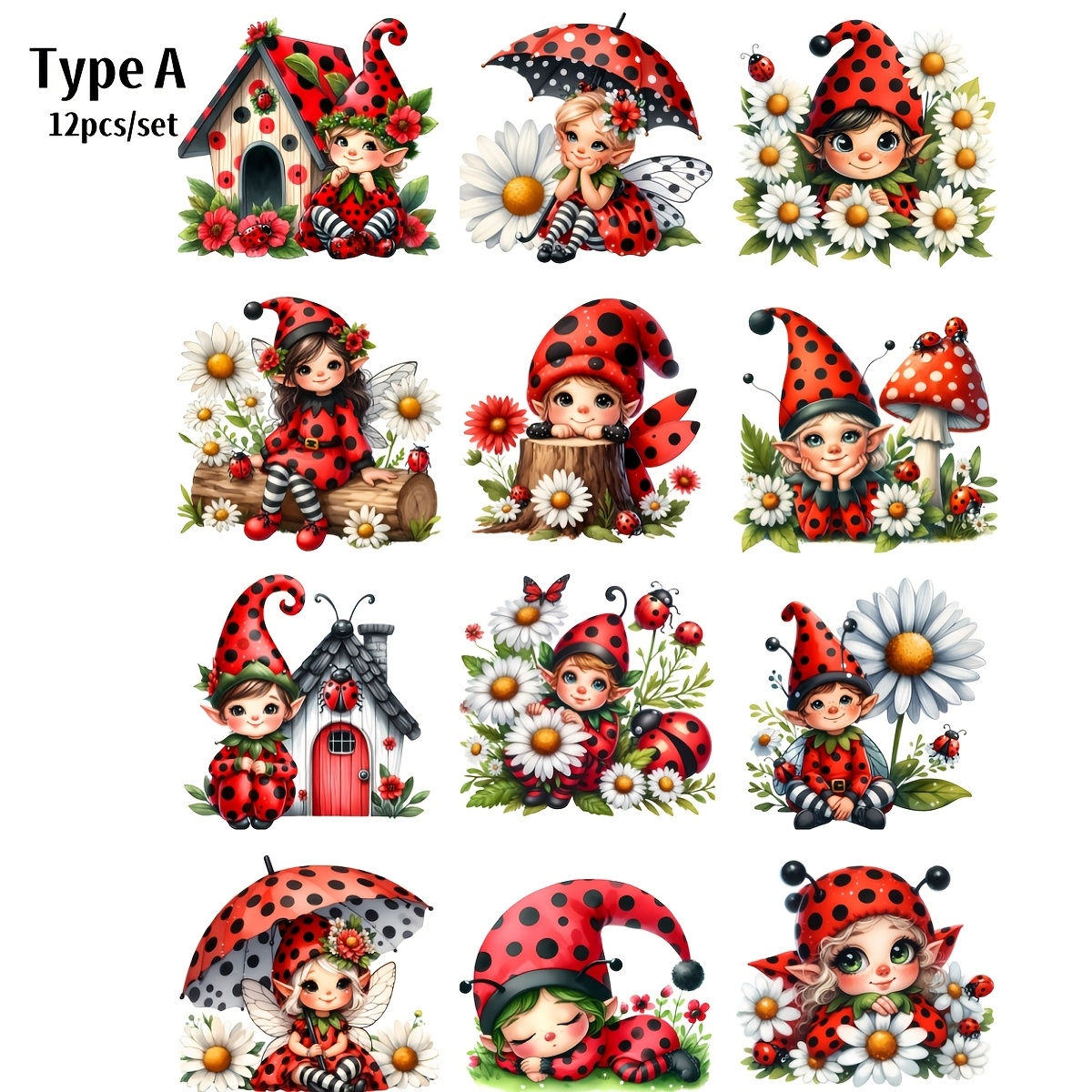 Image of 12pcs/set Handmade Creative Retro Ladybug Cute Elf High Quality Stickers Suitable For Garbage Diary Account Photo Album Stationery Diy Craft Kit Magazine Decoration