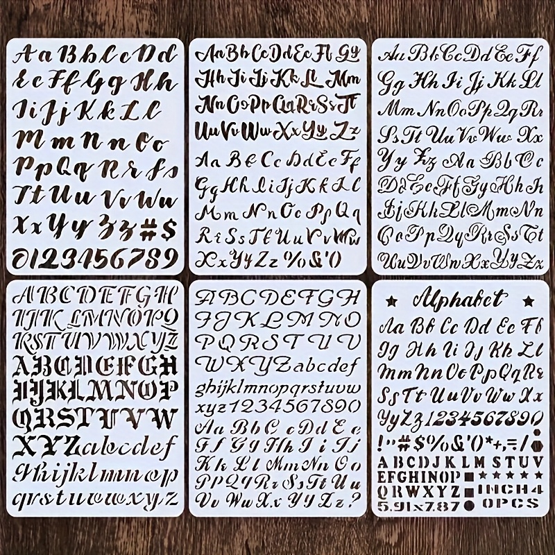E-shop 6-teiliges Kalligraphie-Schablonen-Set, Größe 7,87x5,91 Zoll, Weißer Kunststoff, Buchstaben Zahlen, geeignet für DIY-Malerei, Journaling,