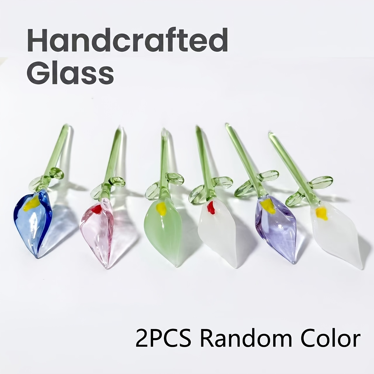 TEMU 2pcs Mini Glass Calla Lily Figurines Random Color Miniature Blown Glass Artificial Flowers For Desktop Gifts For Mom & Flower Lovers,no Vase