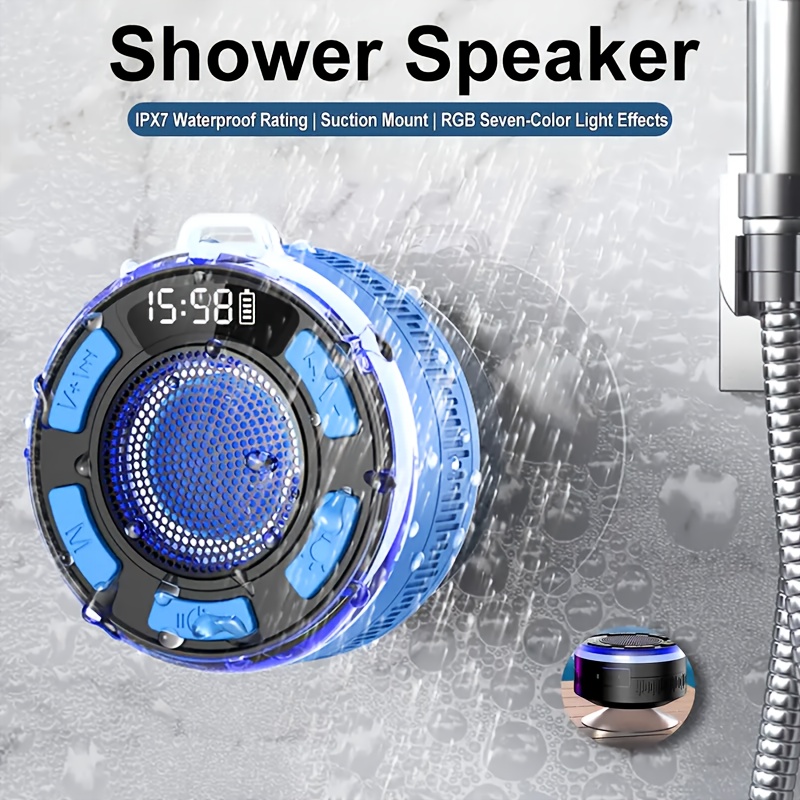 Wireless Shower Speaker IPX7 High Quality, Portable, 5W Φ45mm Dynamic  Driver with Suction Cup Timer Stereo Pairing w/Dynamic LED  Lights a
