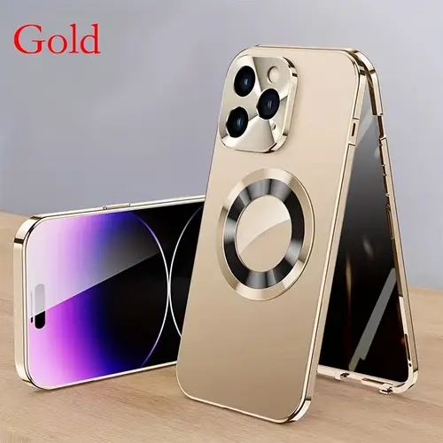 metal anti 2 in 1 phone case with complete metal frame offering full lens protection for iphone 16 pro max 15 14 13 and 12 pro plus featuring a privacy screen and magnetic double sided glass