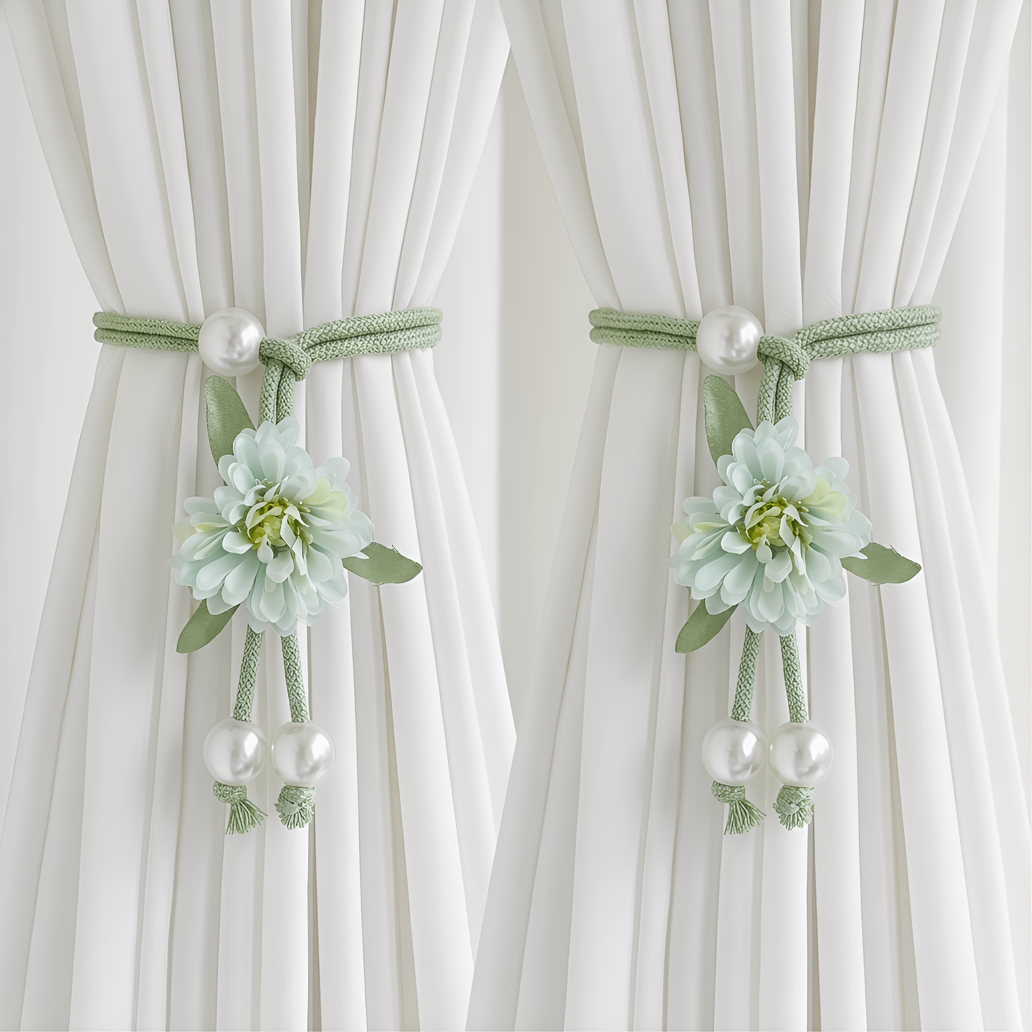 Image of 2pcs Creative Floral Adjustable Curtain Tiebacks, In Multiple Colors, Suitable For Lightweight Sheer Or Fabric Curtains, Bedroom And Living Room Curtain Decoration, Decor Tiebacks