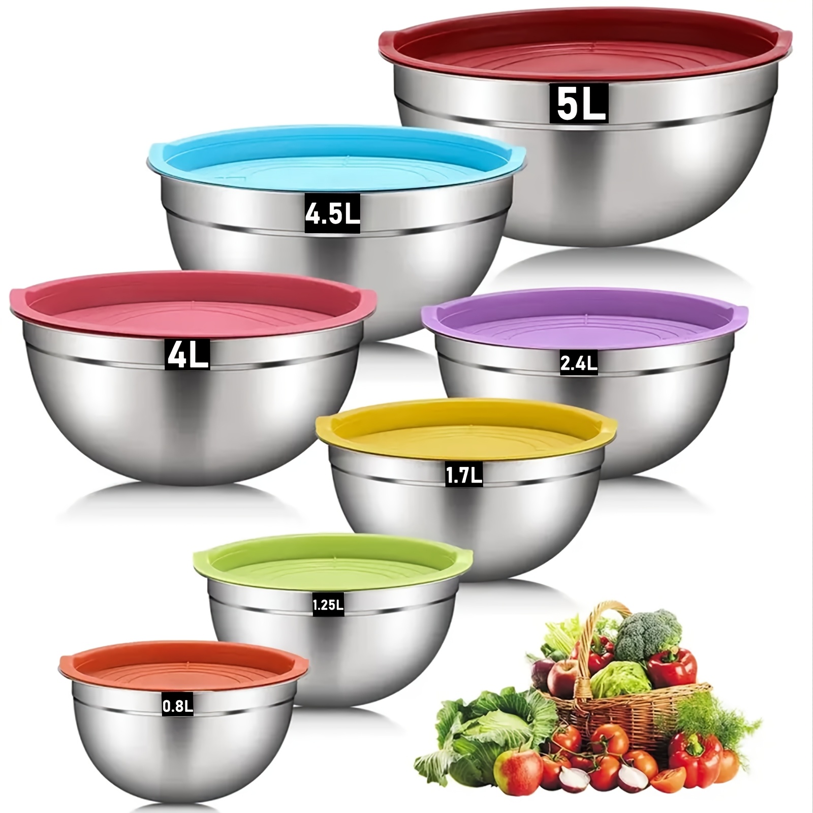TEMU Ensemble de 14 bols en acier inoxydable avec couvercles hermétiques (7 bols et 7 couvercles), tailles 4.5, 4, 3.5, 2.1, 1.5, 0.7QT, parfait pour