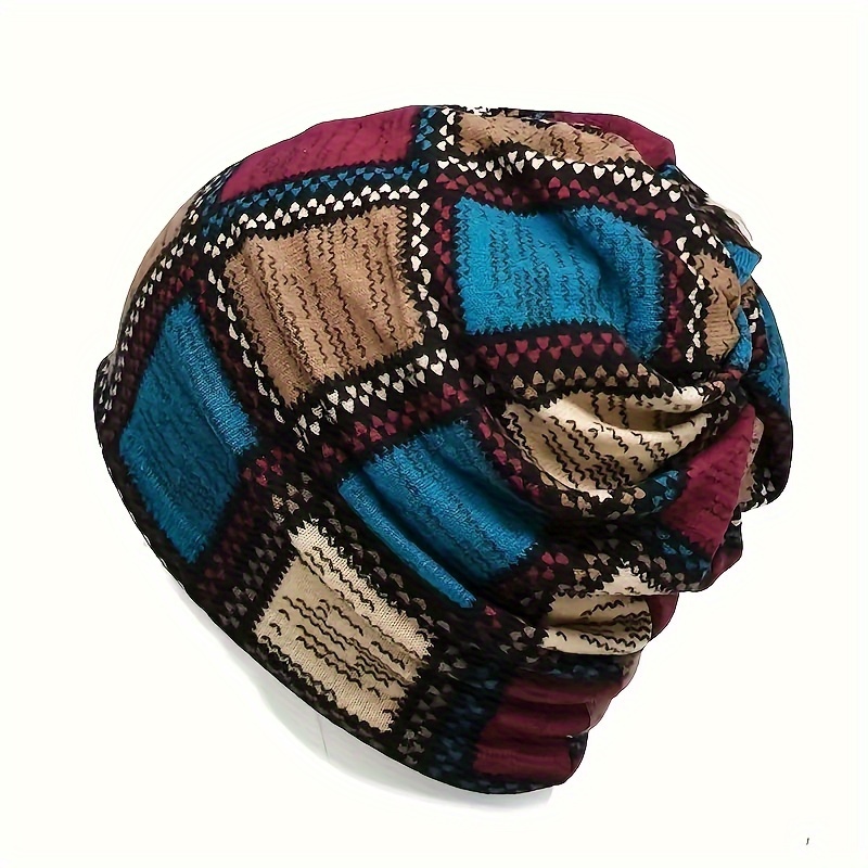 

Retro Slouchy Beanie - Unique Print, , Fit Skull Cap, Boho Neck Gaiter, For Women And Men