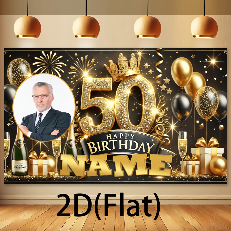 2d flat 1pc customizable 50th birthday party backdrop banner personalized name photo luxurious   design with   balloons gifts and sparkling stars polyester no electricity needed   home decor birthday parties and celebrations birthday party decorations 2d flat 0