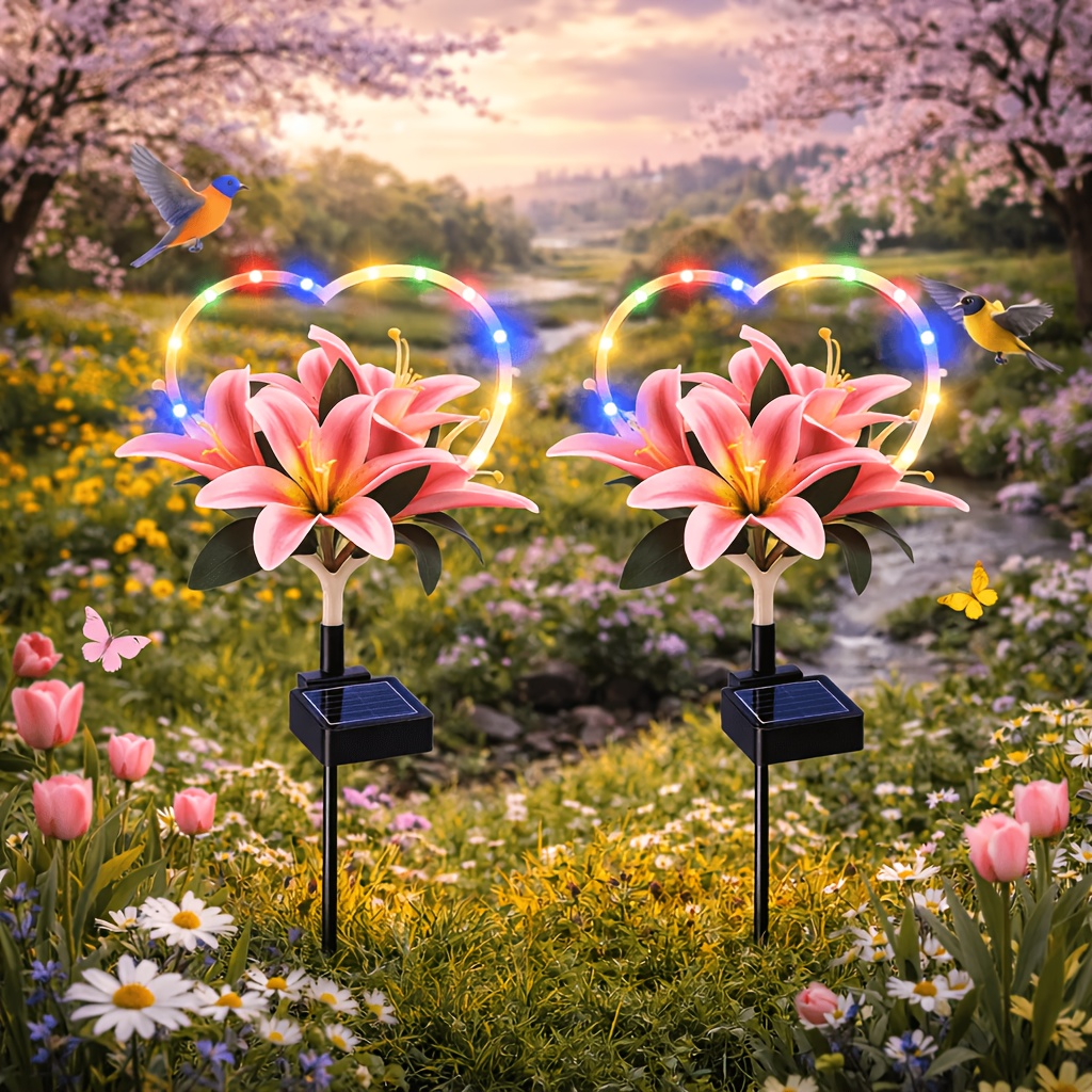 TEMU 2pcs Solar Garden Lights, Heart Lily Flower Stake Lights, Ip65 Outdoor Solar Lawn Lights For Yard, Patio, Walkway, Summer Decor, Father's Day