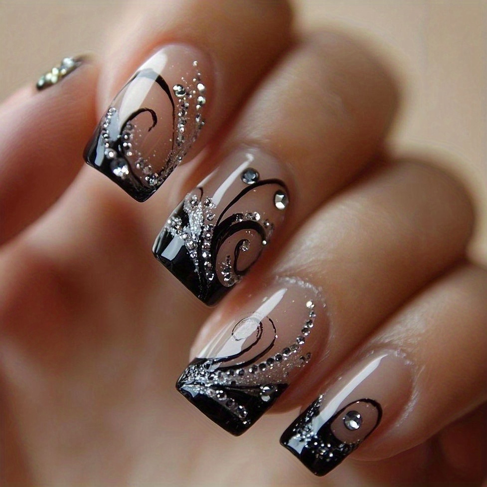 TEMU 24pcs Ballet Fake Nails - Elegant Nude Pink To Gradient With Sparkling Diamonds, Removable Art Patches, Square Shape, Machine-, Nail Art Supplies,