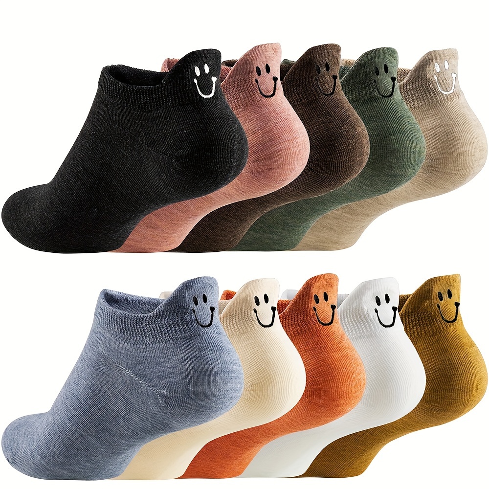 

Embroidered Smile & Ear Motif Ankle Socks - 3/5/10pcs | Soft Polyester-spandex , Breathable Design For Couples