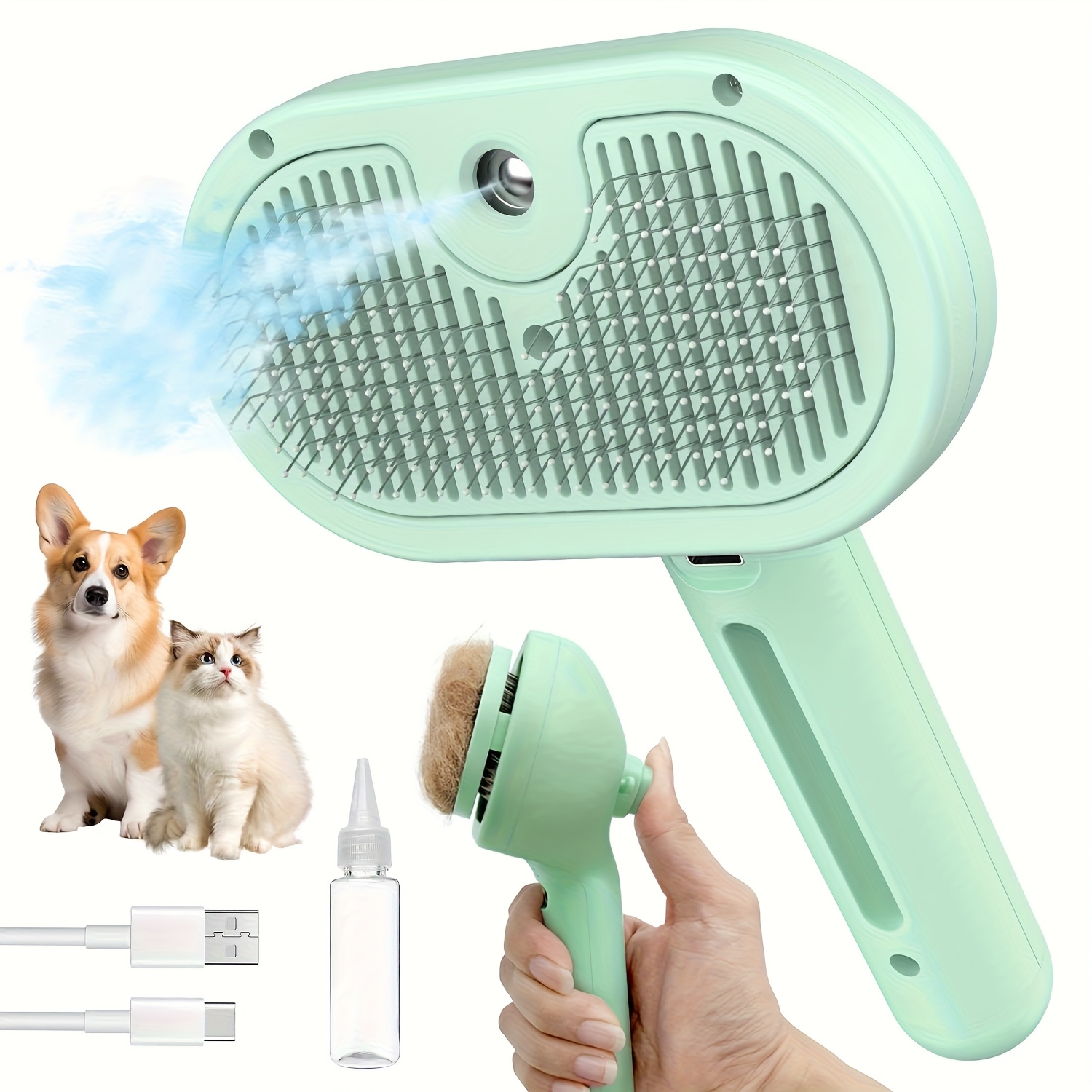 TEMU Unicherry 3-in-1 Self-cleaning Steam Pet Hair Removal Brush Suitable For Long & Short-haired , Anti-static Grooming With Steam Technology For