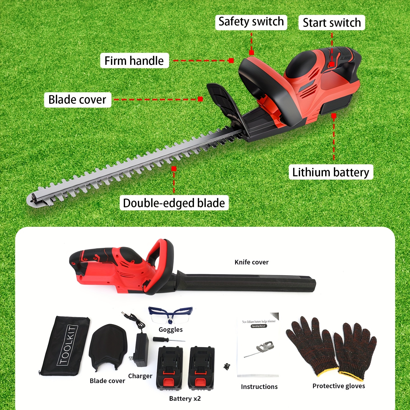 TEMU Cordless Rechargeable Hedge Trimmer, 21v Shrub Trimmer With Safety Lock And Battery Display, 180 Degree Rotating Handheld Hedge Trimmer, Grass