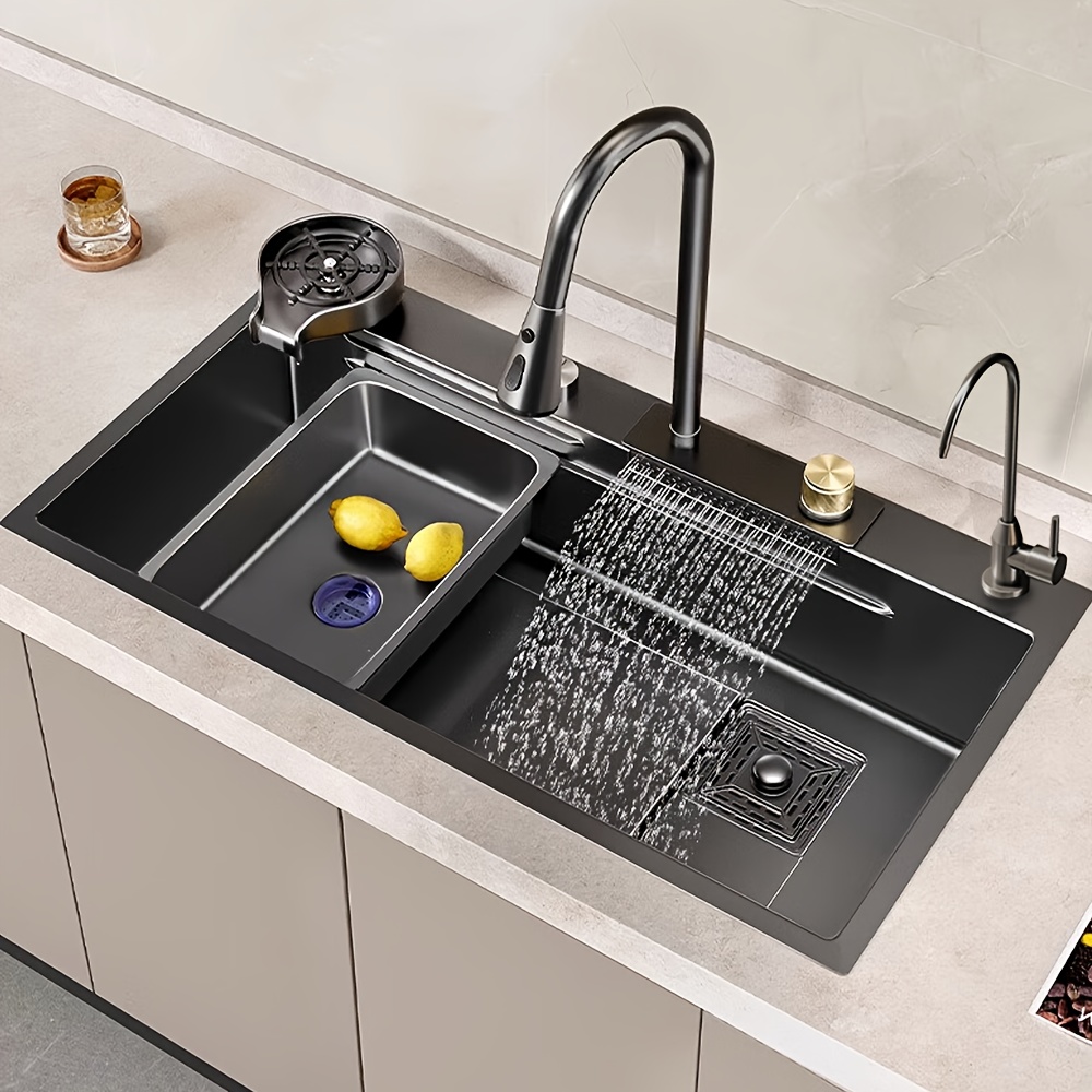 

Stainless Steel Kitchen Sink/ Waterfall Sink/ For Kitchen, Bar Sink/ Black Sink/ With Chopping Board, Cup Washer And Other Accessories