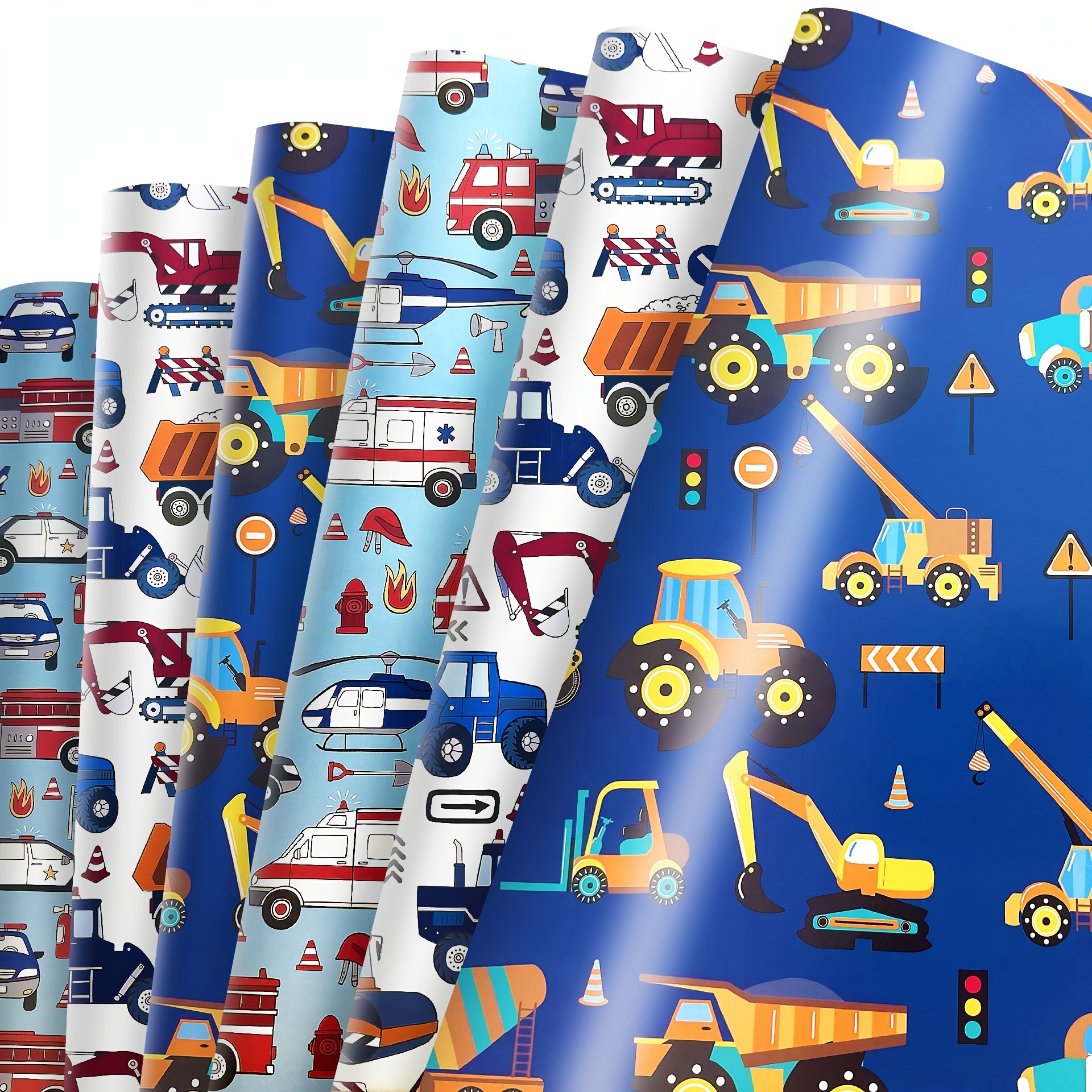 

6-pack Cartoon Vehicles Themed Gift Wrap Paper – Fun Construction & Emergency Trucks Printed Wrapping Paper For Boys, Men, Birthday And , Strong Paper, No Included