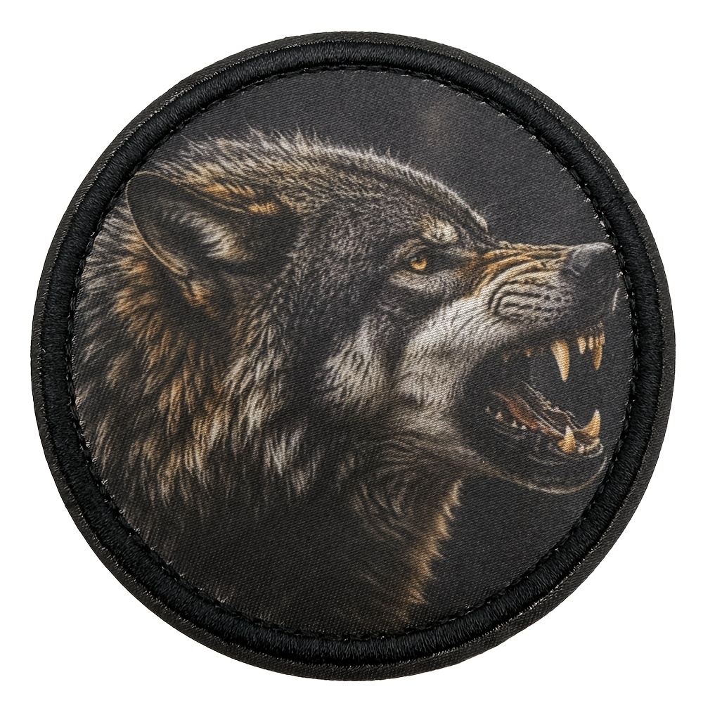 TEMU Wolf Head Printed Round Hook Loop Patch, Wild Animal Fabric Patch For Uniform Outdoor Gear Accessories