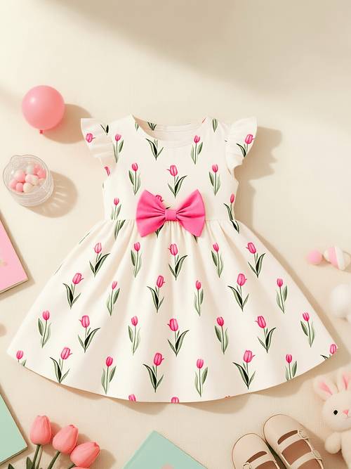 print puff sleeve dress pink bow detail at waist suitable for daily wear 1st birthday vacation outfit birthday party summer outdoor infant dress