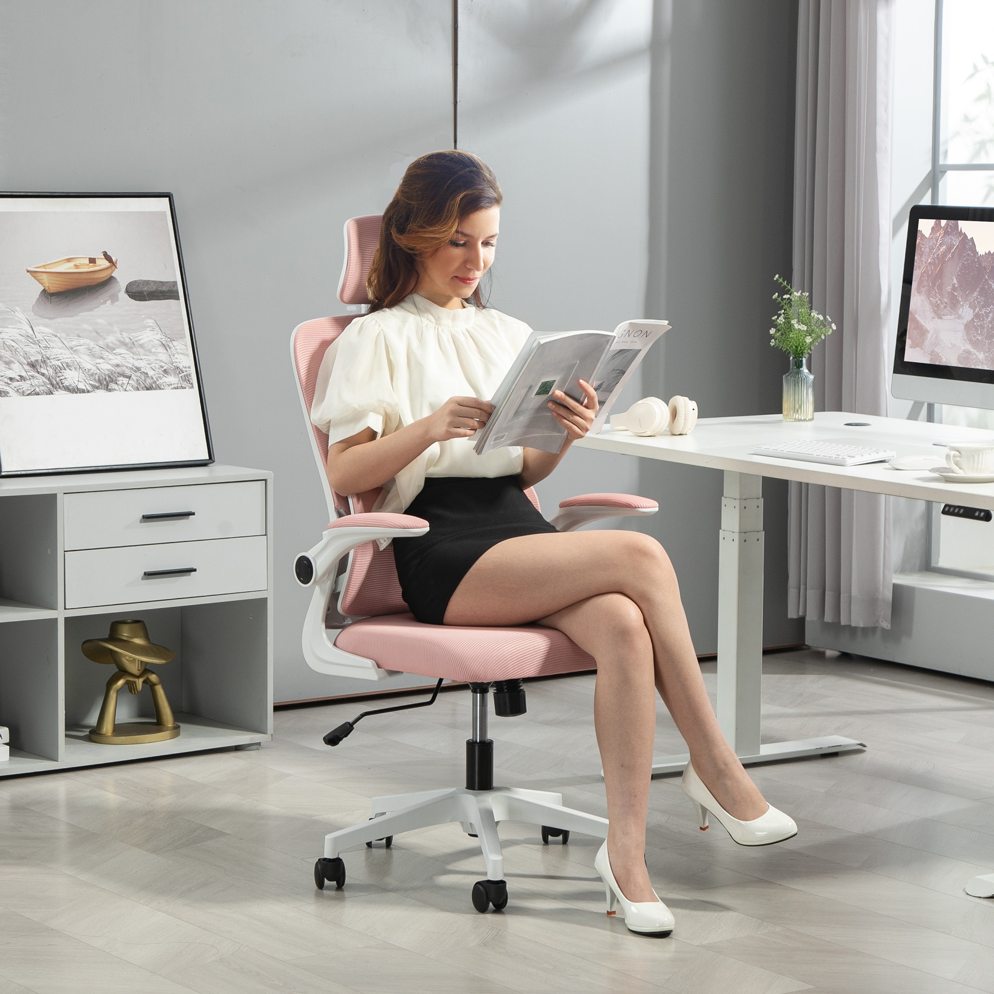 TEMU Chaise de bureau en Vinsetto avec appuie-tête réglable, soutien lombaire, rose