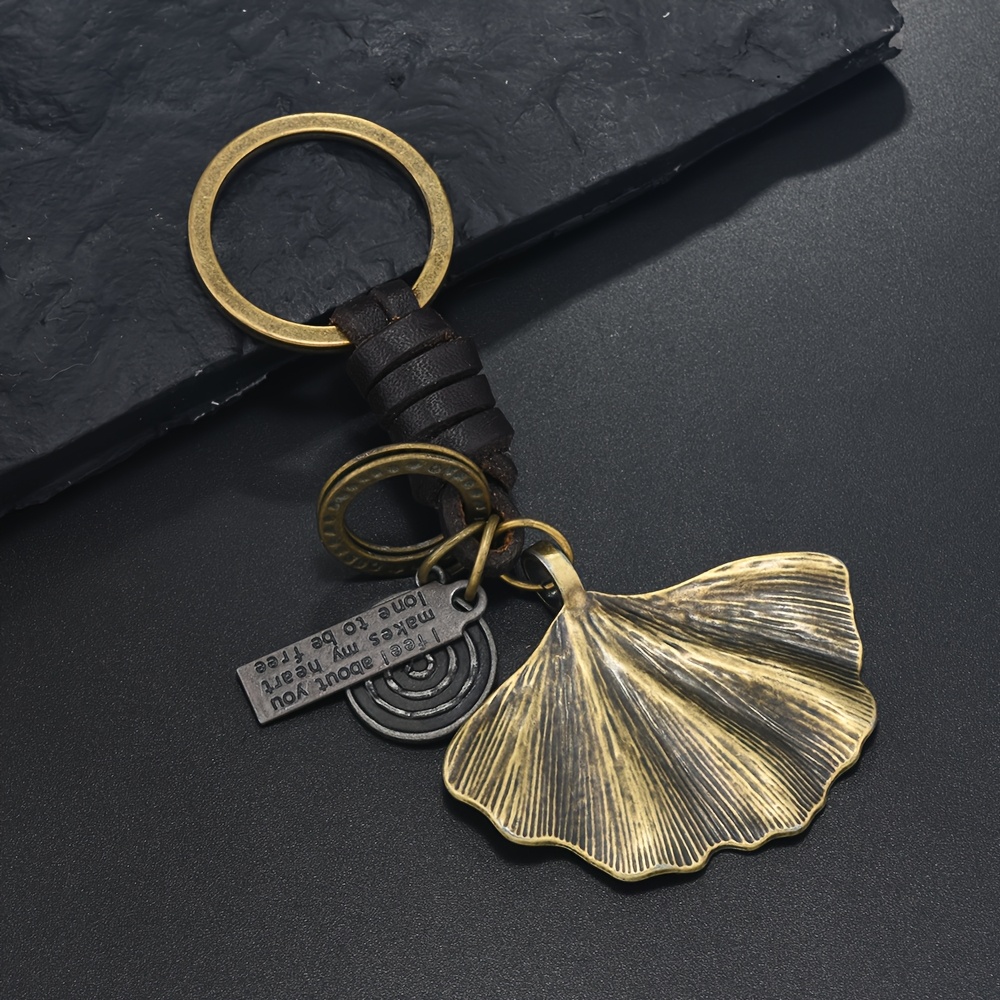 

Huanming Vintage Leaf Keychain - Antique Brass Alloy With Braided Leather, Funky Style For