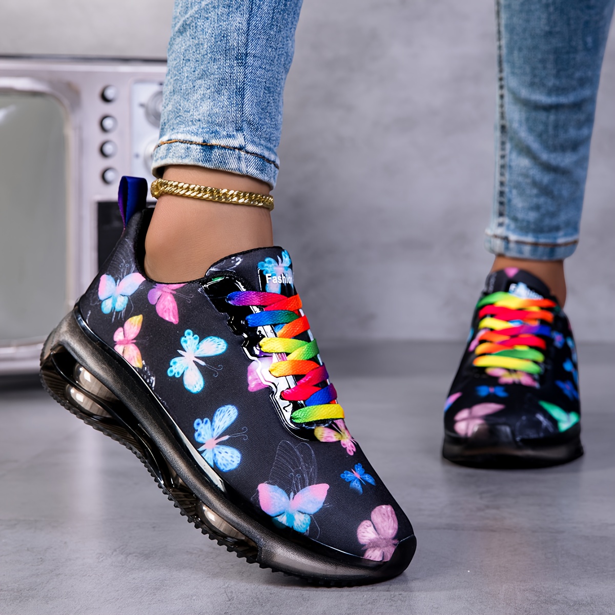 Sneakers, Butterfly Print Women's Shoes, Autumn/Winter Four-Season Style, Mesh Breathable Road Running Shoes, Lightweight Soft-Sole Women's Air Cushion Casual Shoes, Daily Wear Plus Size Casual Shoes