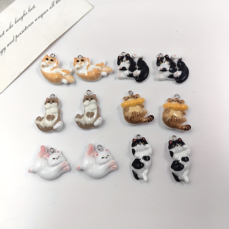 TEMU 2d Flat - 12pcs Resin Cat Charms For Jewelry Making - Flatback Sporting Charms With Eyes, &, Brown, & - Durable Resin Animal Charms For