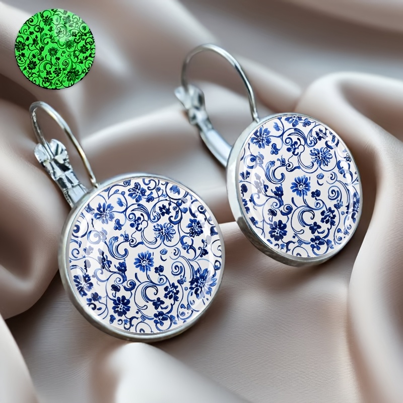 TEMU Blue And White Floral Scroll Pattern Earrings, Fluorescent And Luminous Styles, Alloy Material With Glass Inlay, A Fashionable Gift For Women,