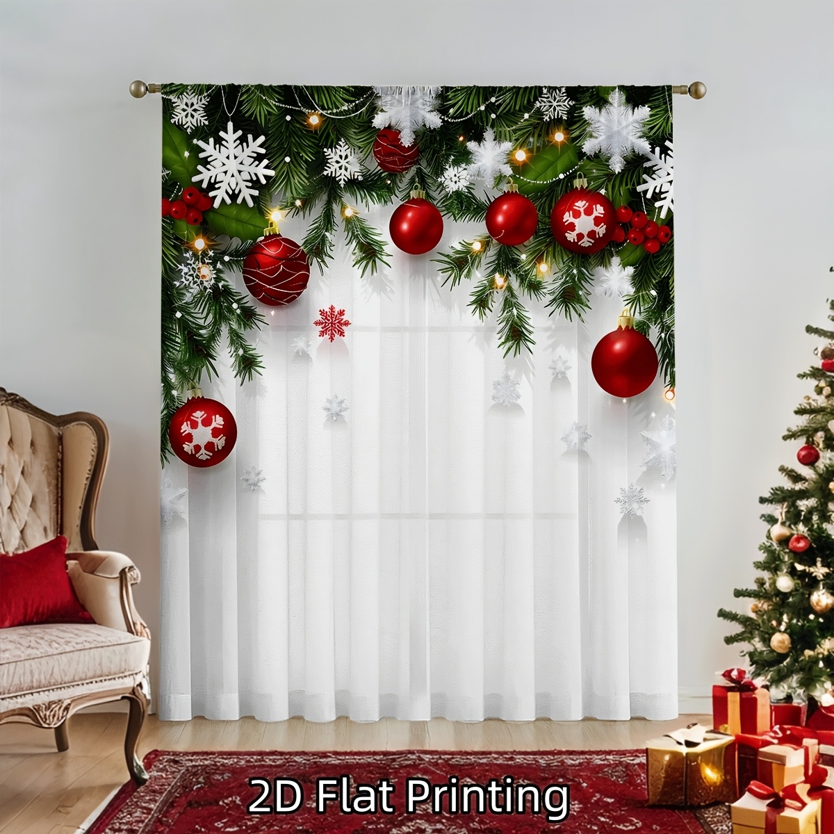TEMU 2d Flat, 1pc 2d Flat Christmas Sheer Curtain, Featuring Abstract Christmas Red Ornaments, Snowflakes, And Other Festive Elements - Made Of Soft