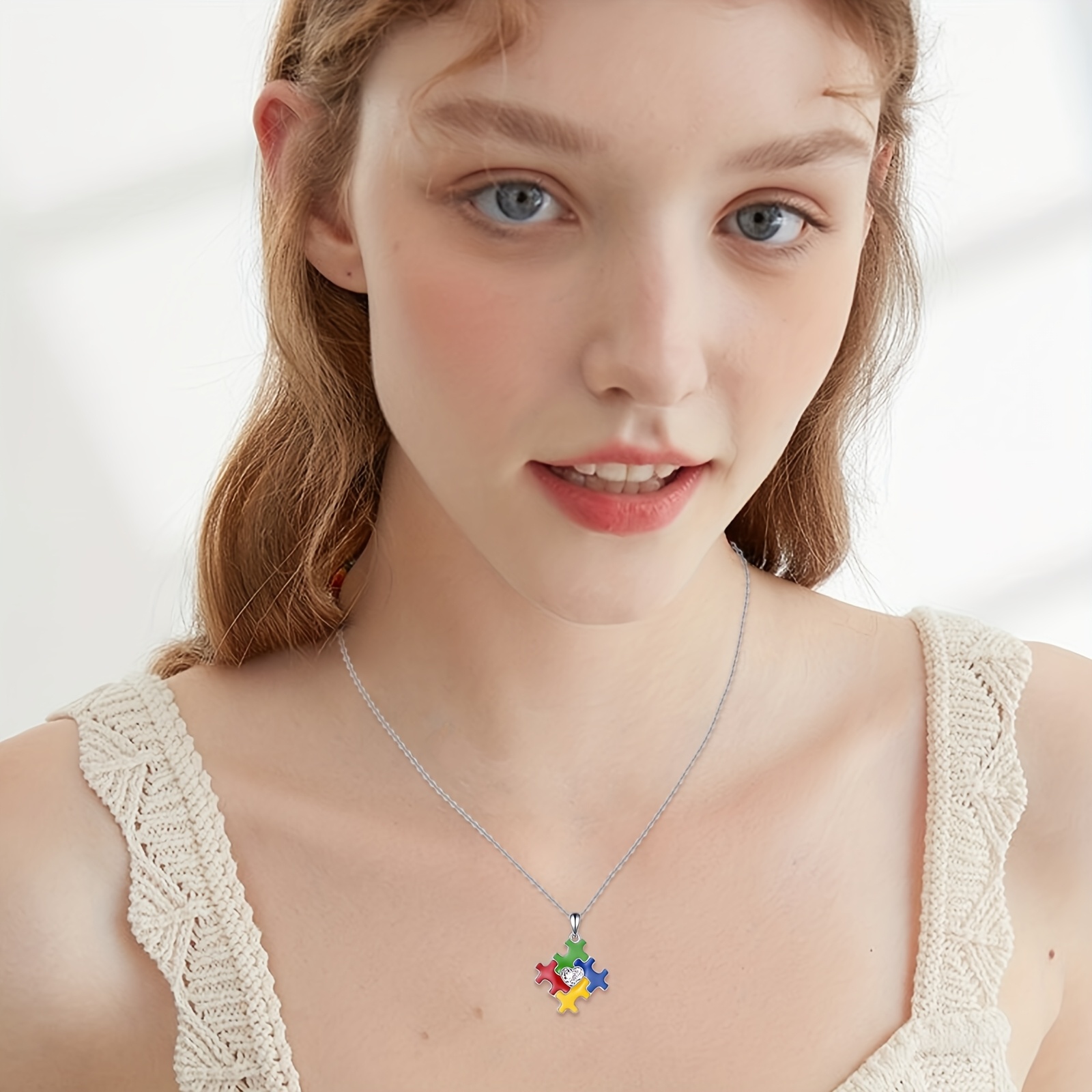 Women's S925 Sterling Silver Puzzle Piece Pendant Necklace — Autism Awareness