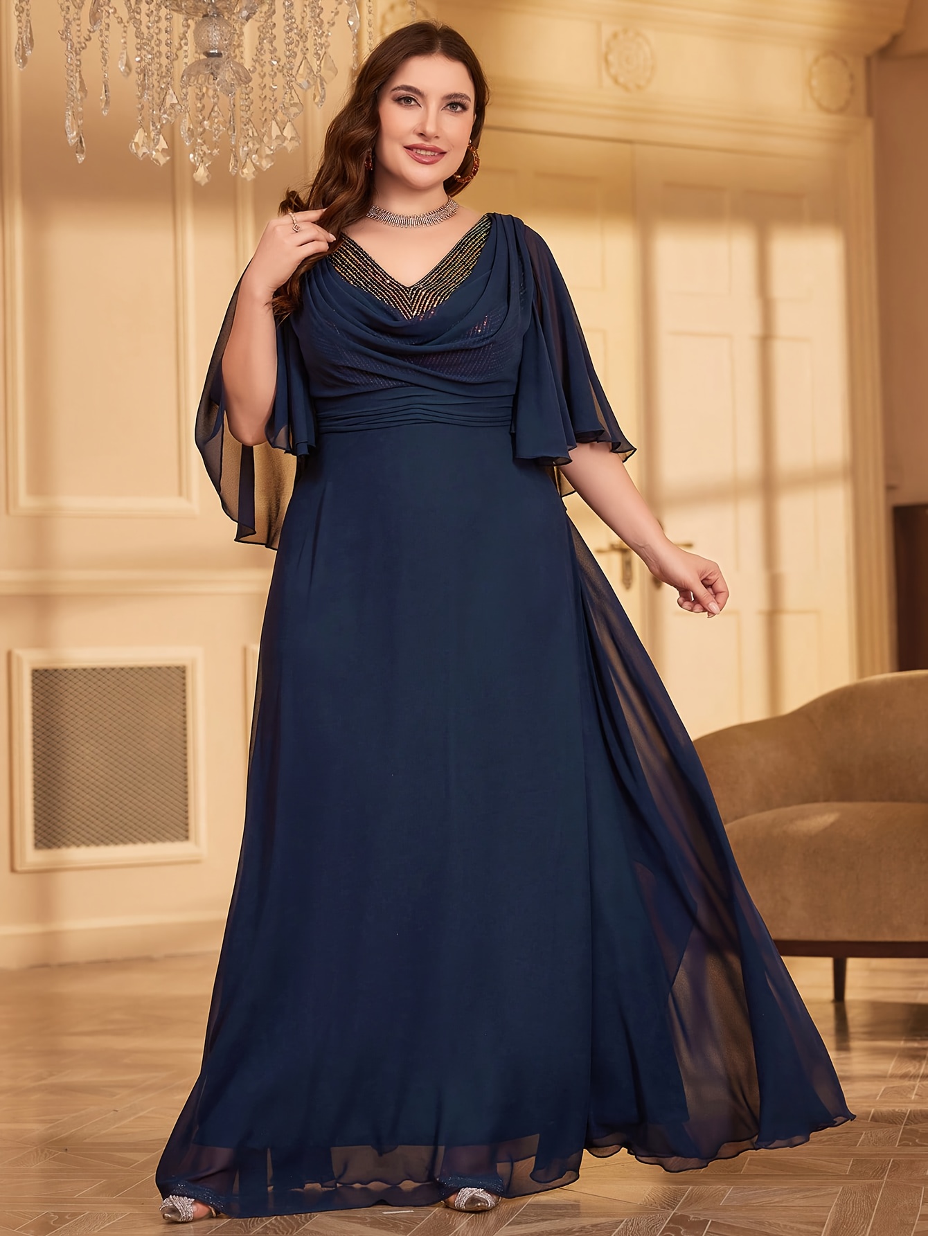 white christmas dresses Marlee Blue Chiffon Plunge-Neck High-Low Maxi Dress – Club L London main image 1