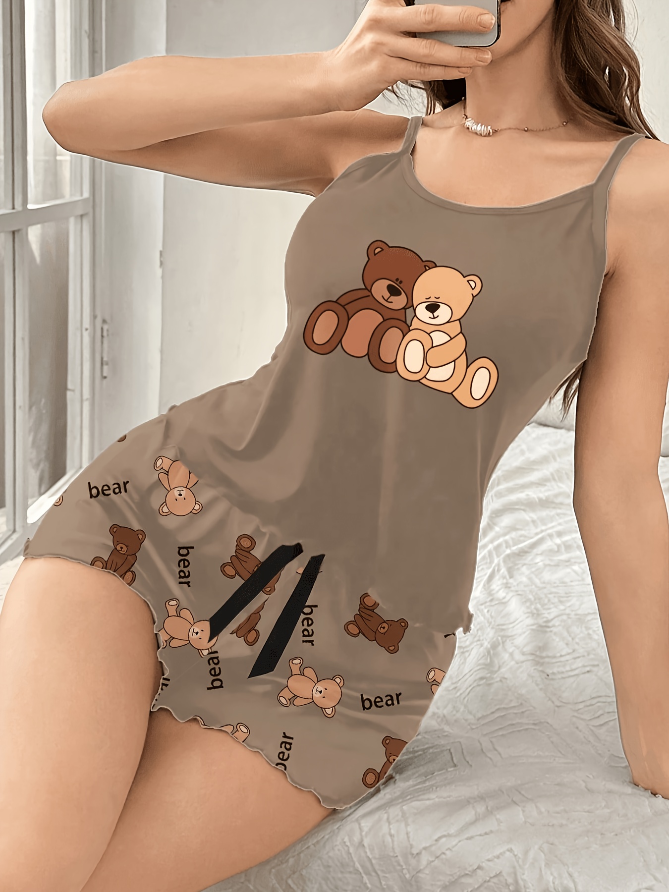 2pcs set bear print ruffle strap shorts pajama set