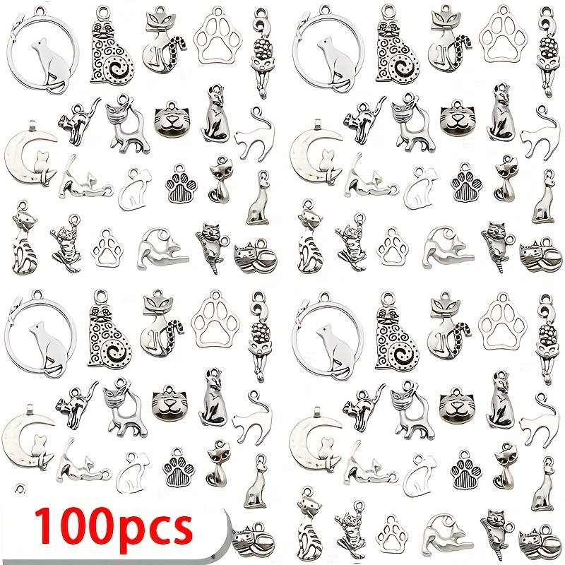 E-shop 50/100 Stück silberfarbene Katzen-Anhänger, Tieranhänger aus Zinklegierung für Schmuckherstellung, Halskette, Armband, Schlüsselanhänger - Keine