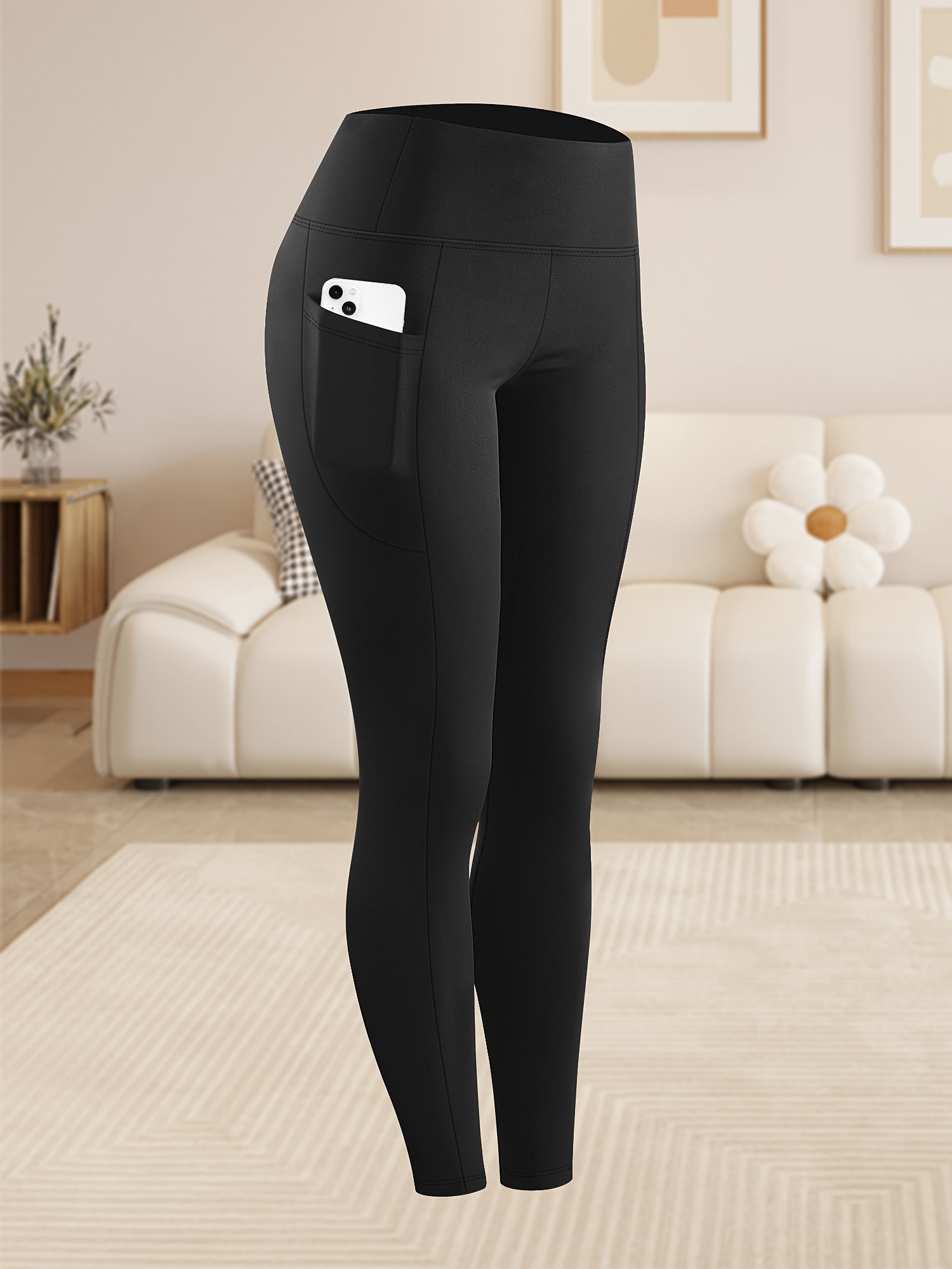 Women'S Plus Size High Waist Tummy Control Leggings with Pockets, 88% Polyester 12% Elastane, Skinny Fit, Solid Color, Knit Fabric, 200g/m², All Season Athletic Yoga Pants for Running & Fitness