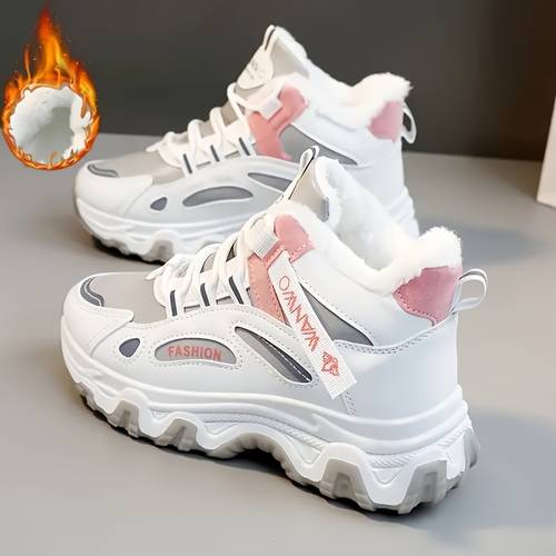 womens chunky platform sneakers with plush fleece lining high quality winter running shoes non slip pvc sole lace up ankle support for cold ladies sneakers