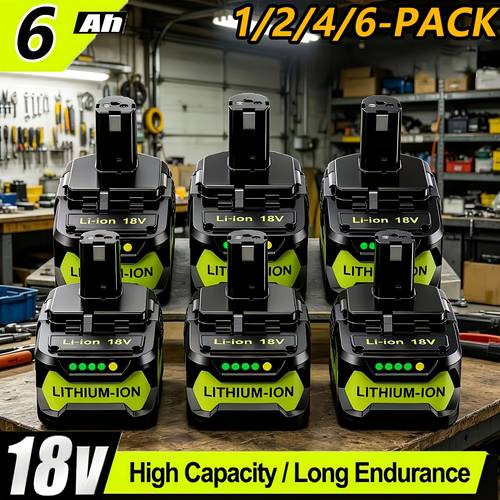 item picture 6 0ah lithium ion table saw replacement battery for ryobi 18v models p189 p109 p108 p107 p105 and p104 high capacity rechargeable battery for ryobi 18v cordless power tools including lawn mowers