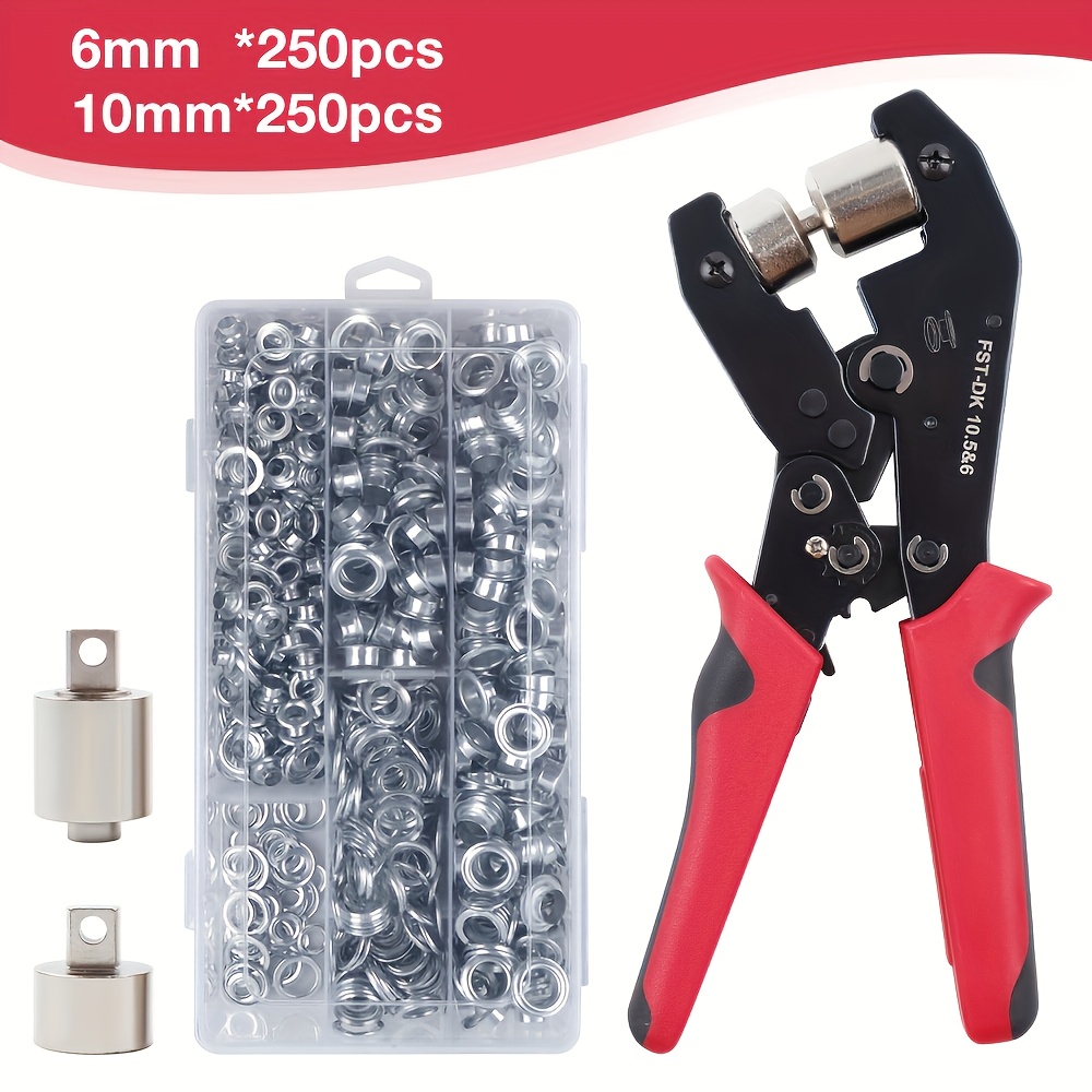 Image of Heavy Duty Ratchet Grommet Tool Kit With 1/4" And 3/8" Grommets, Hole Punch, Eyelets And Grommets For Tarps, Fabric Rings, Leather, Tents, Vinyl, Canvas