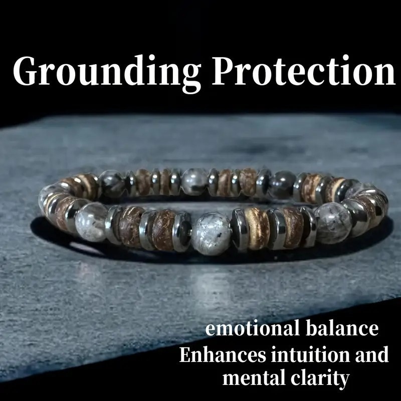 E-shop Natürliches Labradorit Armband, Bodenverbund Schutz, mit 8mm schwarzen Labradorit und Hämatit Handgefertigten Perlen, Emotionale Balance und ,