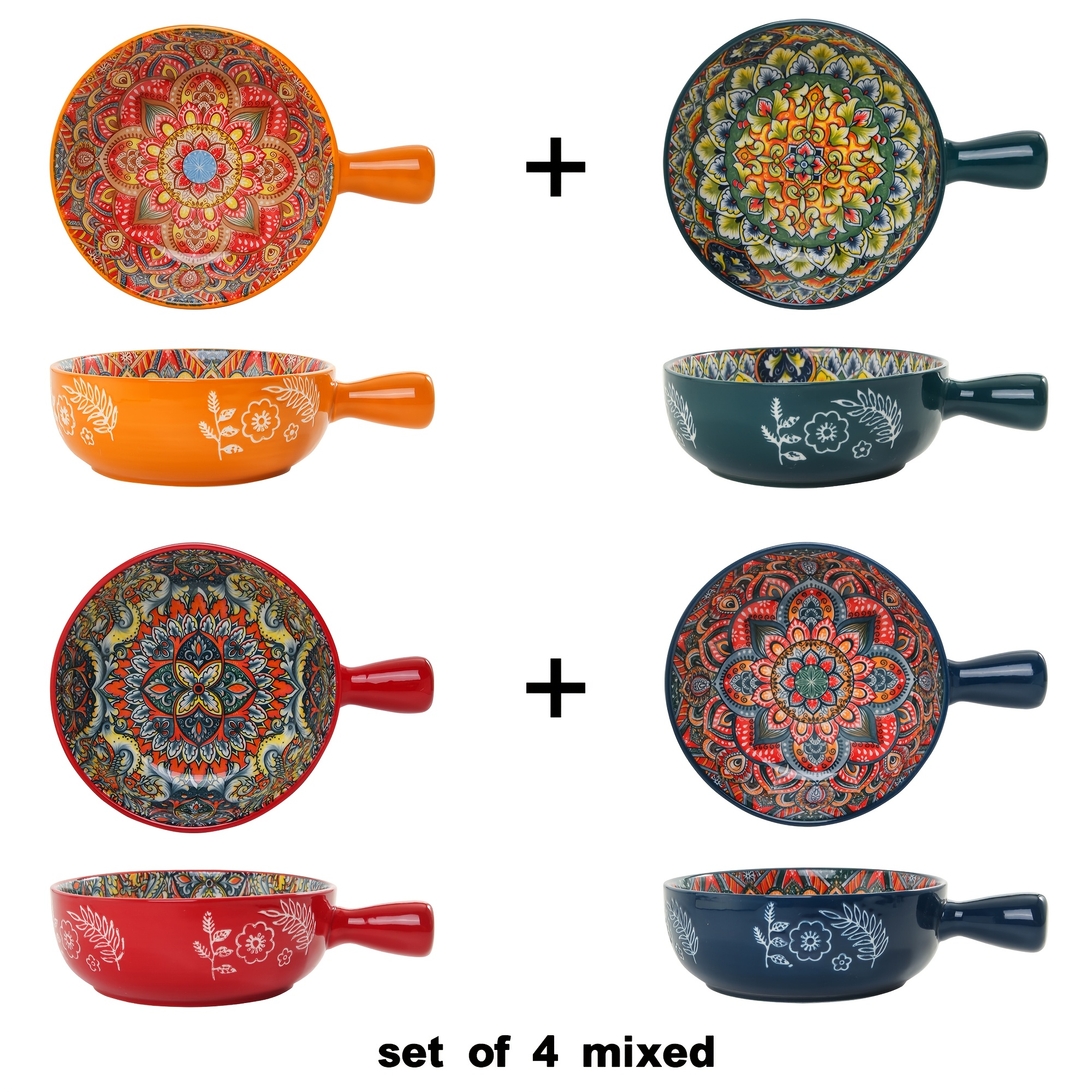 Image of 4pcs Bohemian Style Ceramic Bowl Set With Handles - Vibrant Floral & Geometric Designs, Microwave, Dishwasher & Fridge Safe, Ideal For - Perfect For Dorms & Home Kitchens, Noodle Bowl