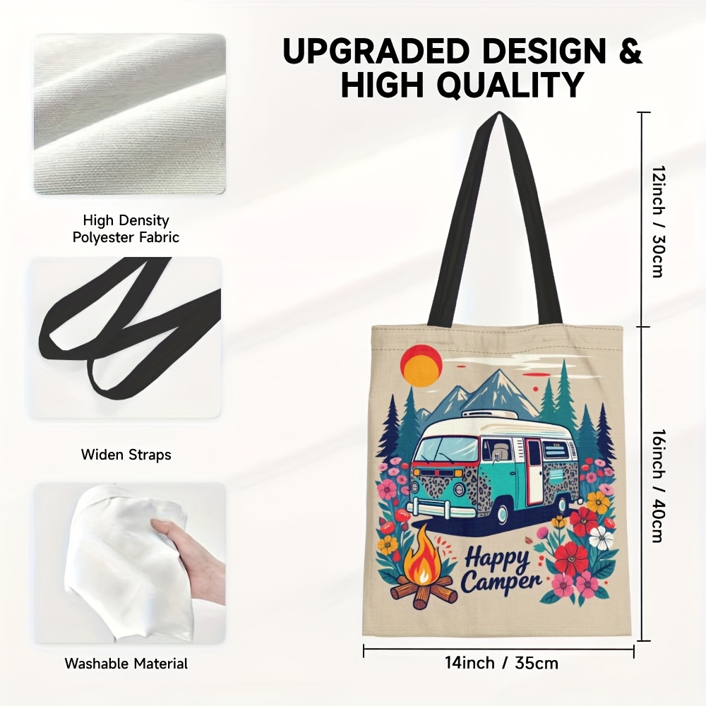 E-shop 1 Stück Happy Design Tragetasche – Große wiederverwendbare Einkaufstasche mit Vintage-- und Naturmotiv, langlebiges Polyester, offene Oberseite