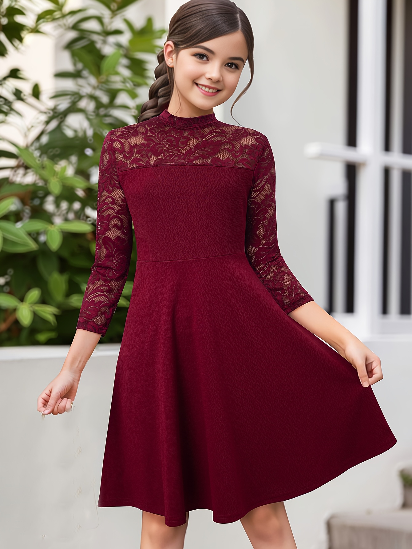 chinese dress ladies Burgundy Lace High Neck Tie Front Mini Dress