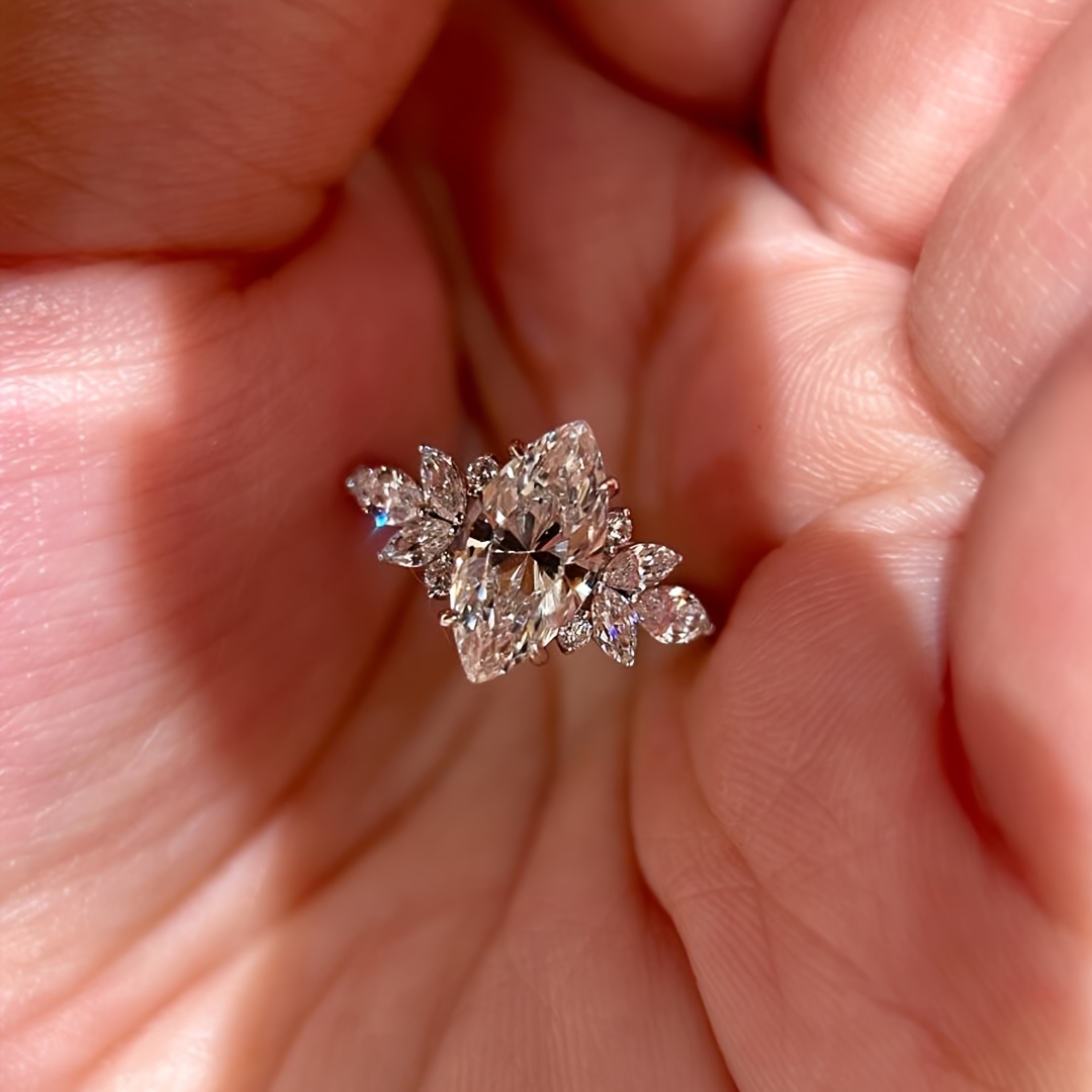 TEMU 1pc; Copper; Size: Adjustable Opening; Stylish, Delicate, Elegant, Light Luxury, Niche, Versatile, , High-end Feel; Marquise-cut Cubic Synthetic