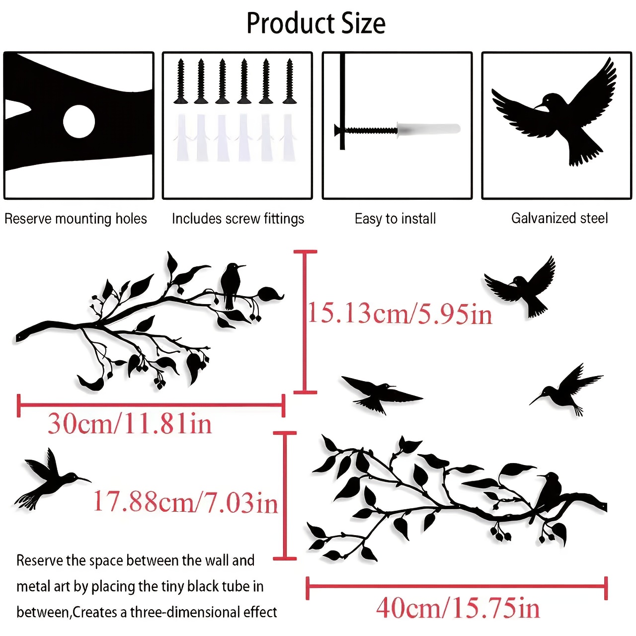 TEMU [Plat 2D] 6pcs Sculpture Murale Oiseau en Métal | Silhouette Métallique Oiseaux sur une Branche avec Feuilles Noires et Sculpture Murale