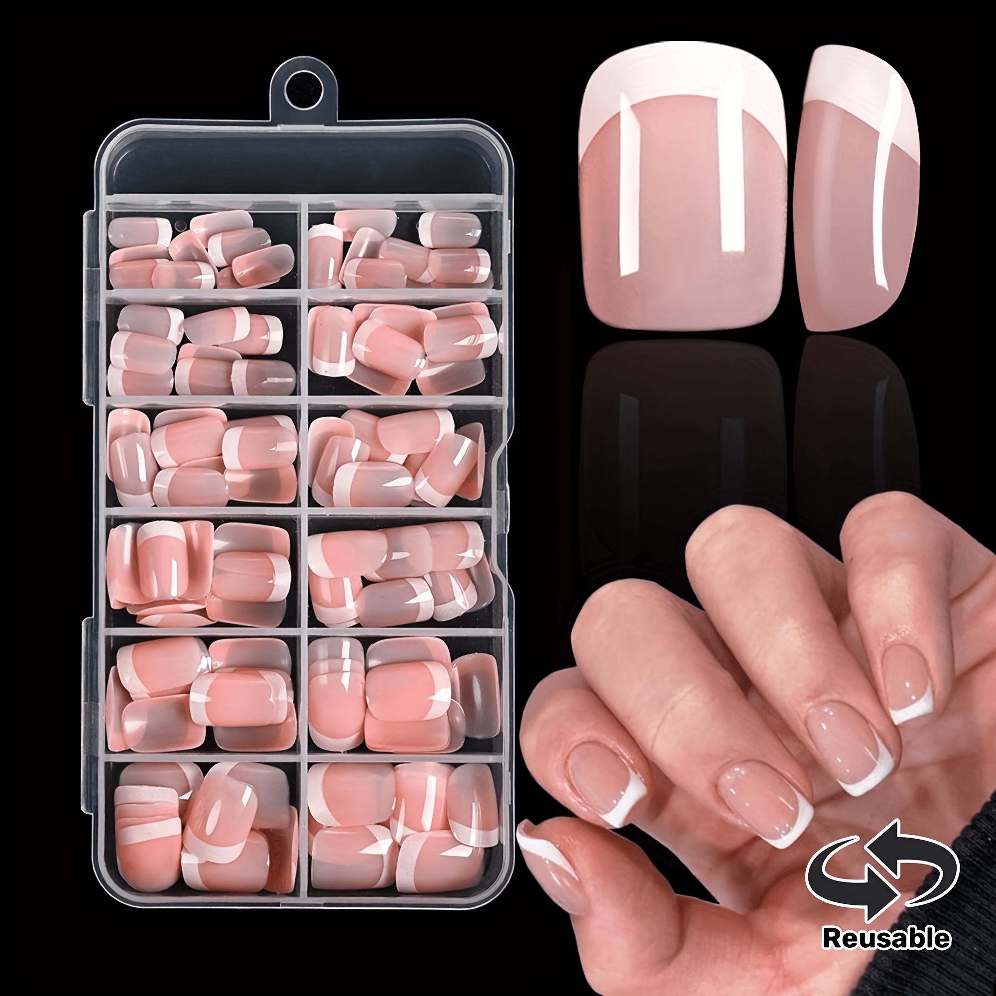 TEMU 109 piezas (108 piezas de uñas postizas + 1 ) Uñas artificiales cuadradas cortas de prensado francés (con 12 tamaños diferentes disponibles) con