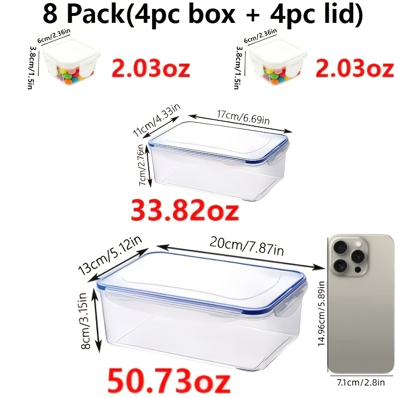 Conjunto de 8 Peças (4 Tampas + 4 Recipientes) de Recipientes Transparentes Empilháveis para Armazenamento de Alimentos 8