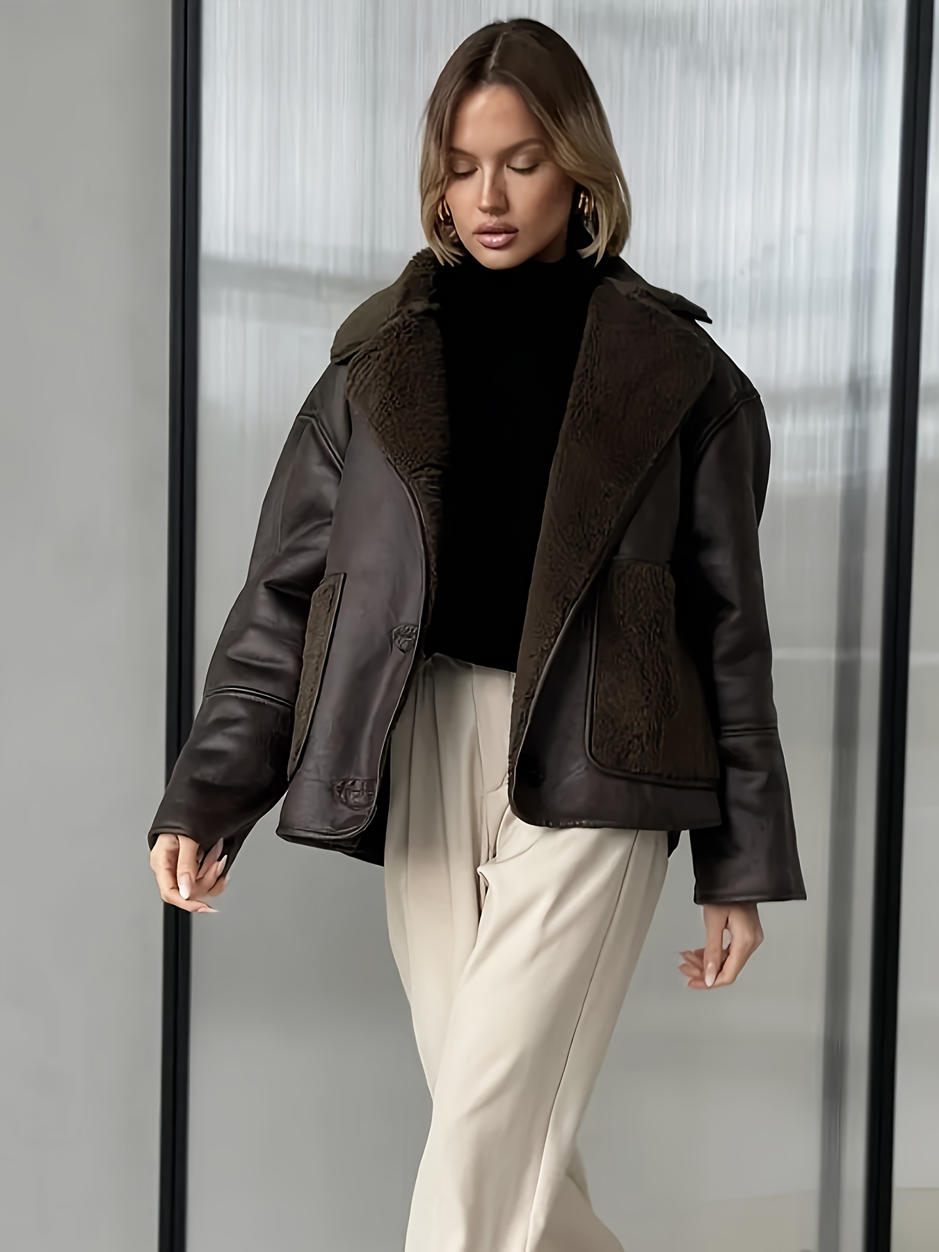 veste en cuir pu doublée fourrure synthétique crème femmes Temu