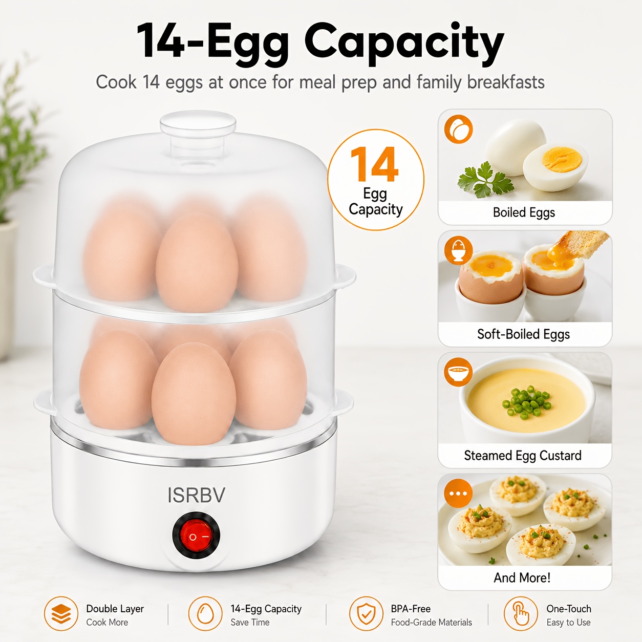 ISRBV Single/Double Layer Electric Steamed Egg Cooker, Stainless Steel Heating Plate, Can Cook 7/14 Eggs at A Time, Quickly Cook Eggs, Boil Water-Boiled Eggs, Hard-Boiled Eggs, Steamed Corn, Etc., Equipped with Measuring Cups And Small Bowls