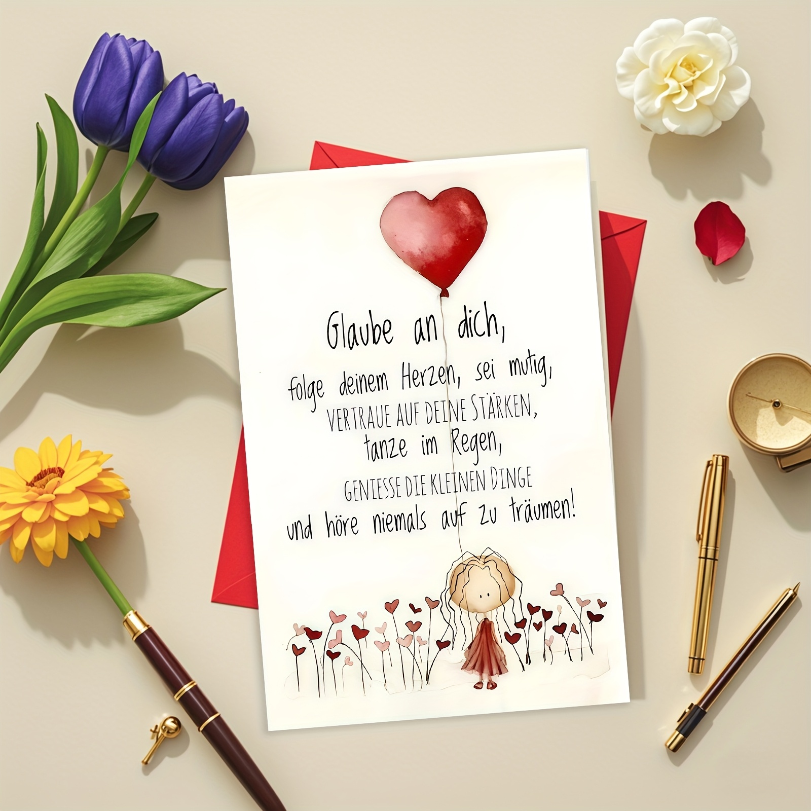 1pc Inspirational German Greeting Card - "believe In Yourself, Your Heart, " Message - Birthdays, Holidays, And Friendship Days - Ideal For Family, , And
