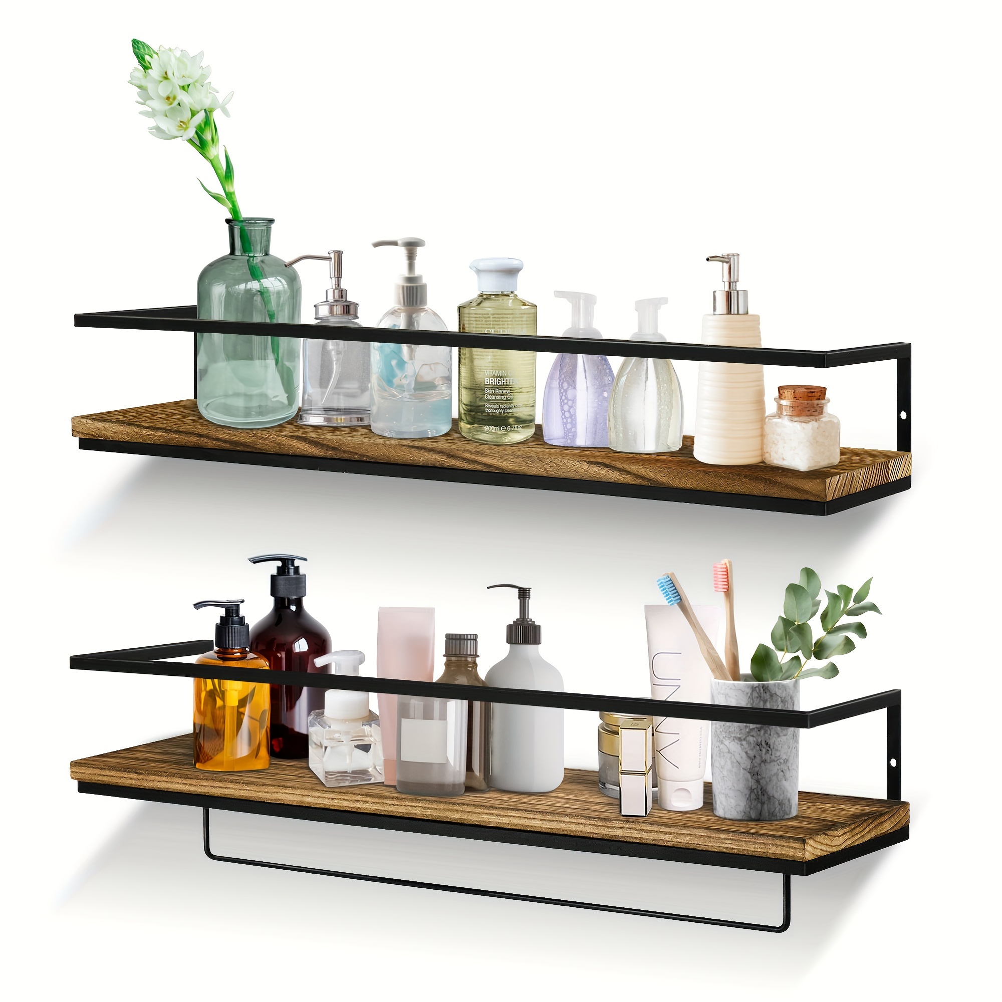 

Floating Shelves For Wall Set Of 2, Wall Mounted Storage Shelves With Black Metal Frame And Towel Rack For Bathroom, Bedroom, Living Room, Kitchen, Office