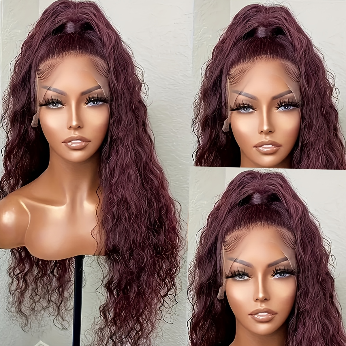 TEMU Peluca de Encaje Frontal Borgoña 99J Pre Depilada Ondas Profundas 13X4 HD Pelucas Frontales de Encaje para Mujer Color Pelucas Rizadas Húmedas y