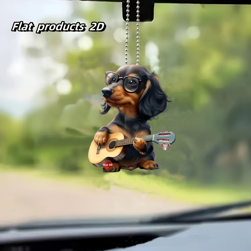 

Acrylic Dachshund Dog With Glasses Playing Guitar Hanging Ornament - 2d Car Rear View Mirror Charm, Keychain Accessory, Home Decor, Unique Gift Item