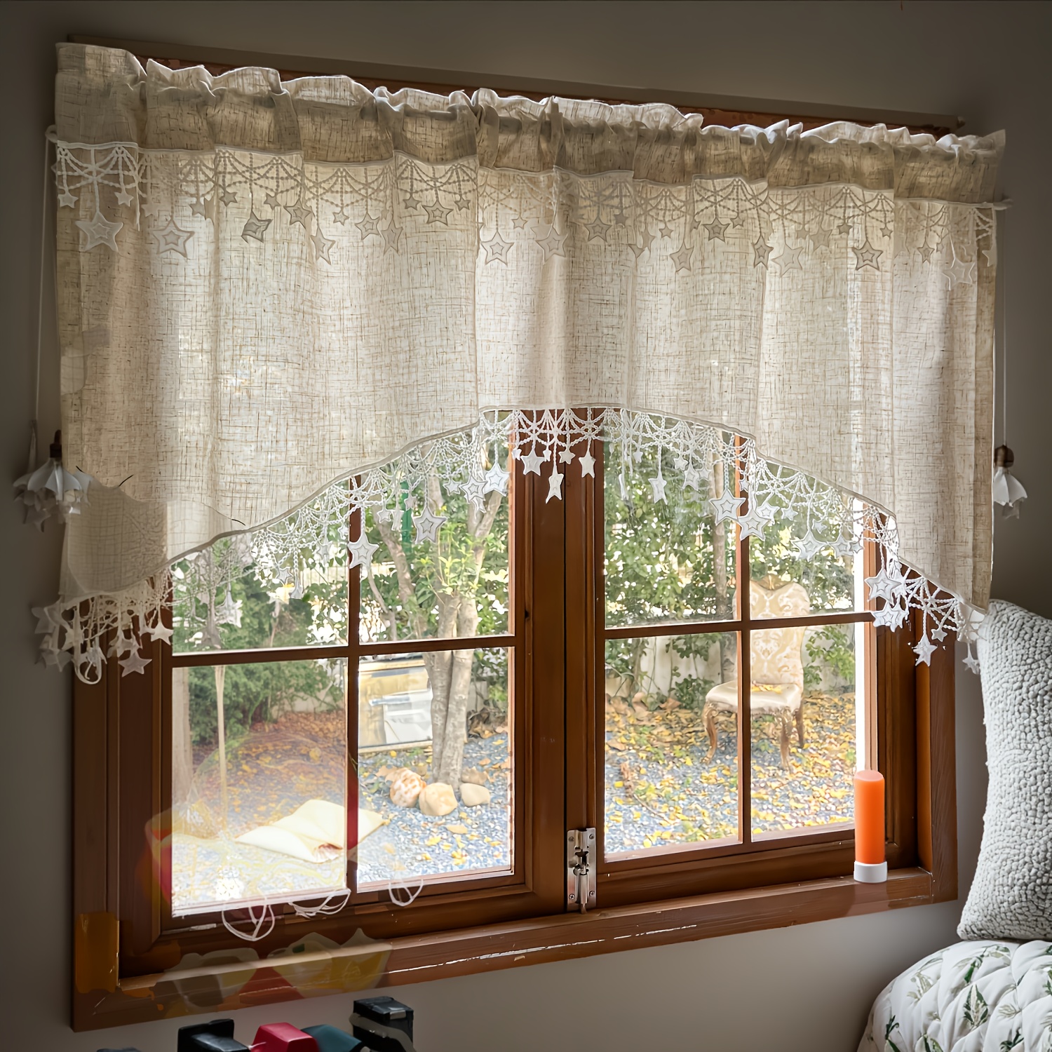 TEMU Country Curtains, Solid Color With Arched Top And Star-shaped Trim, Suitable For Kitchen, Porch, And Dining Room Filter Panels, Rustic Farmhouse